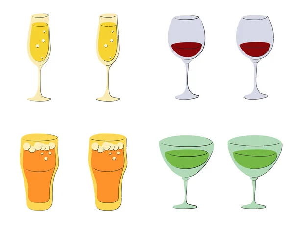 Champagne Rood Wijn Bier Vermouth Glas Witte Achtergrond Cartoon Schets — Stockvector