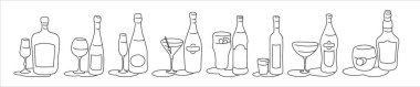 Likör şarabı şampanya, martini, votka, vermut viski şişesi ve beyaz arka planda cam taslak ikonu. Siyah beyaz çizgi film çizimi grafik tasarım. Doodle tarzı. Elle çizilmiş görüntü. Parti içkileri konsepti