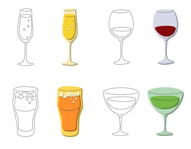 Beyaz arka planda şampanya kırmızı şarap birası vermut camı. Çizgi film grafik tasarımı. Düz stil. Renkli el çizimi resim. Restoran, kafe ve parti için parti içkisi konsepti. Serbest çizim tarzı. İki tür resim