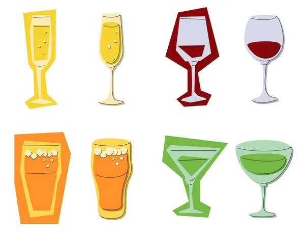 Champagne Rött Vin Vermouth Glas Vit Bakgrund Tecknad Skiss Grafisk — Stock vektor