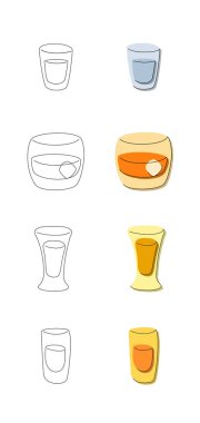 Beyaz arka planda votka viski tekila rom bardağı. Çizgi film grafik tasarımı. Düz stil. Renkli el çizimi resim. Restoran, kafe ve parti için parti içkisi konsepti. Serbest çizim tarzı. İki tür resim