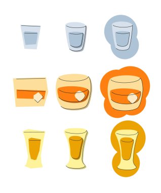 Beyaz arka planda votka viski tekila bardağı. Çizgi film grafik tasarımı. Doodle tarzı. Renkli el çizimi resim. Restoran, kafe ve parti için parti içkisi konsepti. Serbest çizim biçimi