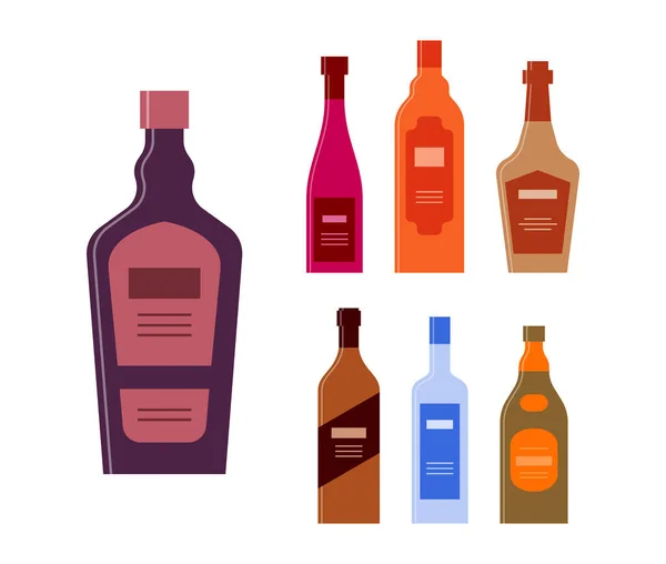 Set Bottles Liquor Wine Balsam Whiskey Brandy Vodka Cognac Icon — Stock Vector