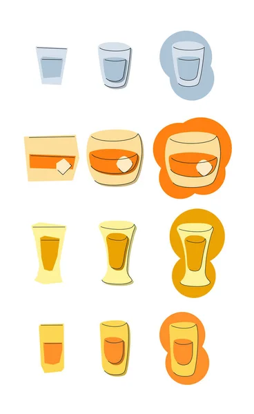 伏特加威士忌龙舌兰酒酒杯白底 卡通素描设计 平淡的风格 彩色手绘图像 咖啡馆 派对派对的派对饮酒概念 手绘风格 两种图像 — 图库矢量图片