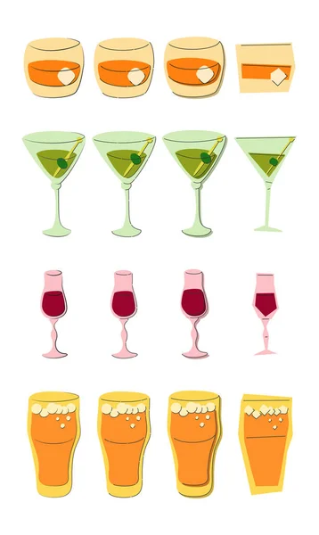 stock vector Whiskey martini liquor beer shot glass on white background. Cartoon sketch graphic design. Doodle style. Colored hand drawn image. Party drink concept for restaurant, cafe, party. Freehand drawing style