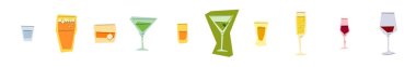 Votka bira, viski, vermut, rom, martini, şampanya, kırmızı şarap kadehi, beyaz arka plan. Çizgi film tasarımı. Düz stil. Renkli el çizimi resim. Restoran için parti içkisi konsepti