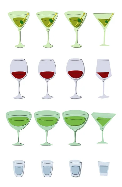 Martini Rode Wijn Vermouth Wodka Shot Glas Witte Achtergrond Cartoon Rechtenvrije Stockvectors