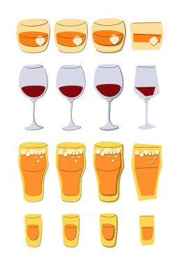 Beyaz arka planda viski kırmızı şarap birası shot bardağı. Çizgi film grafik tasarımı. Doodle tarzı. Renkli el çizimi resim. Restoran ve kafe için parti içkisi konsepti. Serbest çizim biçimi