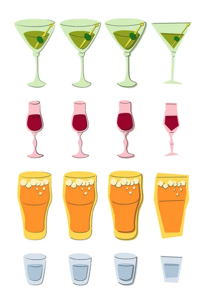 Martini Likeur Bier Wodka Shot Glas Witte Achtergrond Cartoon Schets Rechtenvrije Stockillustraties
