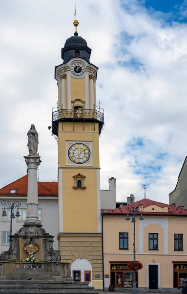 Leaning Clock Tower Marian Column Square Slovak National Uprising Banska — Stock Photo, Image