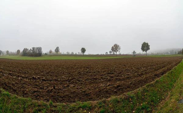 View Fresh Ploughed Field Horizon Foggy Weather Region Burgenland Austria — Stock Photo, Image