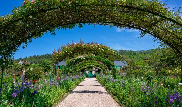 Camino Grava Bajo Arcos Rosas Entre Plantas Florecientes Antiguo Jardín — Foto de Stock
