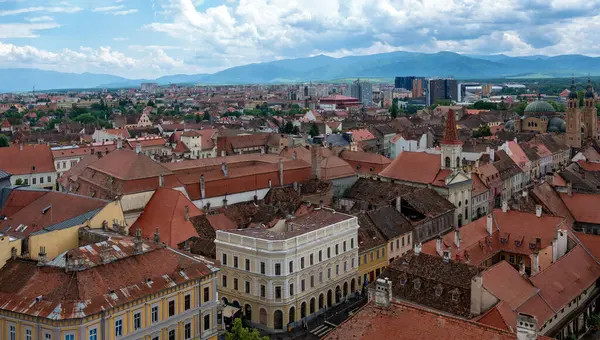 stock image panoramic view  from the tower of the Lutheran Cathedral of Saint Mary towards south-east across the roofs of Sibiu (Hermannstadt), Romania