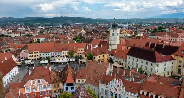 stock image panoramic view  from the tower of the Lutheran Cathedral of Saint Mary towards north-east across the roofs of Sibiu (Hermannstadt), Romania