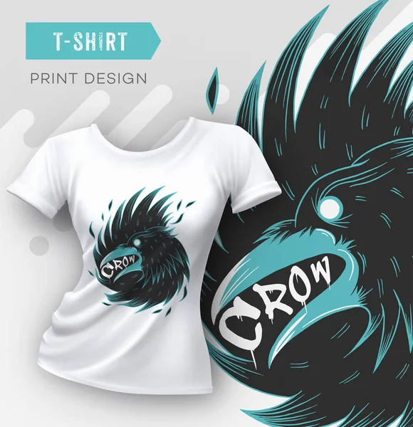 Soyut modern t-shirt baskı tasarımı ile karga. Vektör çizim.