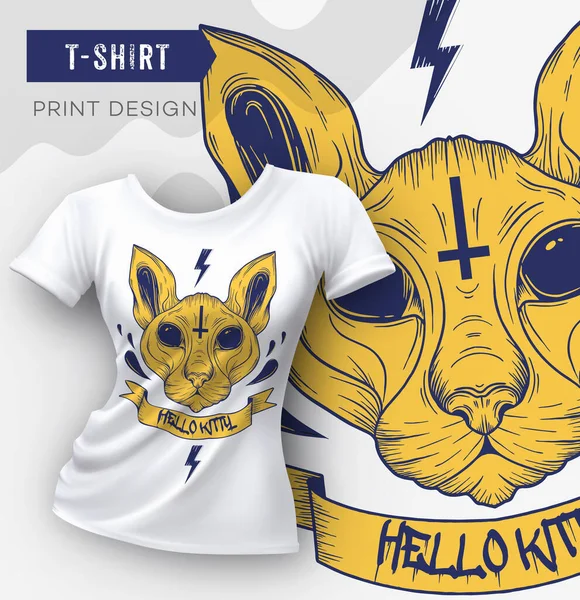 Soyut modern t-shirt baskı tasarımı ile kedi. Vektör çizim.