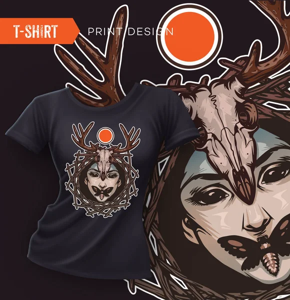 Kötü kız yüz, death's-head pervane ve geyik kafatası ile yağma t-shirt tasarım. Vektör çizim