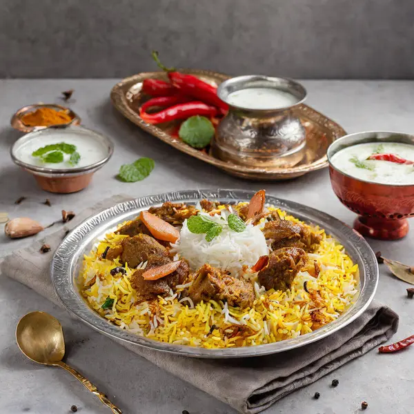 Hint baharatlı koyun eti biryani ve raita gri arka planda servis edilir.