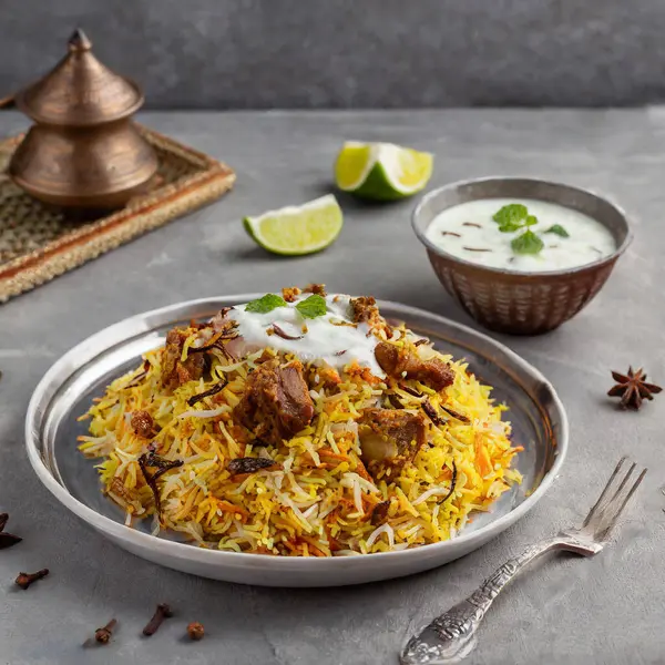 Hint baharatlı koyun eti biryani ve raita gri arka planda servis edilir.