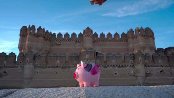 Hand Putting Money Unicorn Piggy Bank Medieval Castle Background Sunny — Stock Video