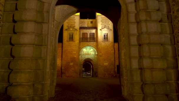 Grande Portão Medieval Europeu Noite Cidade Medieval Toledo Castilla Mancha — Vídeo de Stock