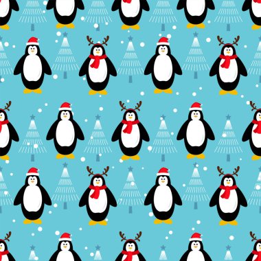 Düşen karlar üzerinde penguen deseni olan kusursuz bir Noel. Tatlı çizgi film sezonluk yüzeyi. Hayvan karakter vektör illüstrasyonu.