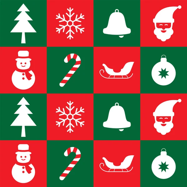 Vánoční Bezešvé Vzor Slavnostní Ikony Červeném Zeleném Kostkovaném Pozadí Sezónní — Stockový vektor