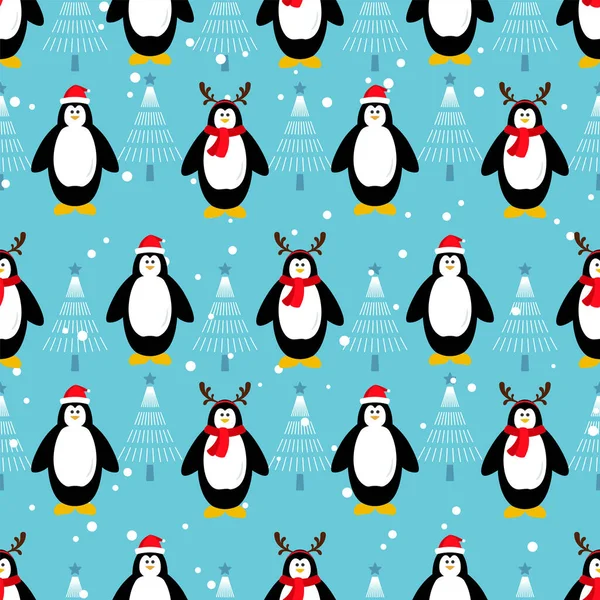 Vánoční Bezešvé Vzor Tučňákem Padajícím Sněhu Pozadí Roztomilý Kreslený Sezónní — Stockový vektor