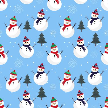 Kristal mavi arka planda eşarplı ve bereli kardan adam kusursuz desenli. Mevsimsel kutlama soyut yüzeyi. Noel karakter çizimi.