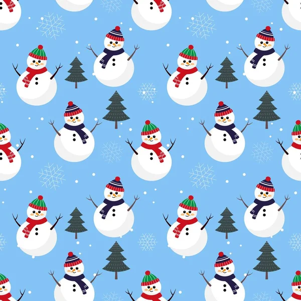 Sněhulák Šátkem Šátkem Křišťálově Modrém Pozadí Vánoční Bezešvé Vzor Sezónní — Stockový vektor