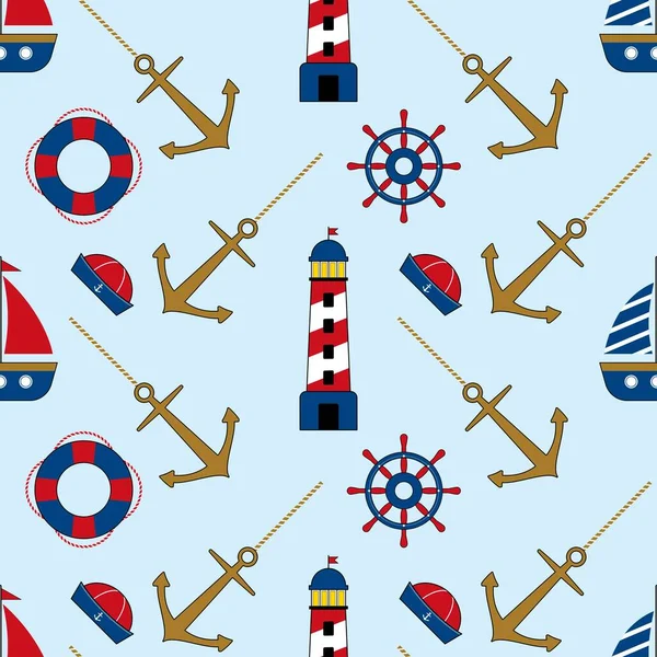 Marine Symbol Seamless Pattern Sailboat Lighthouse Anchor Lifebuoy Steering Wheel — Stock Vector