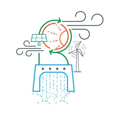 R harfi, yenilenebilir enerjinin bir göstergesi olarak bisiklet okundan yapılmıştır. Bu enerji doğal kaynaklardan elde edilir ve yenilenir. Vektör çizimi düz tasarım biçimi.