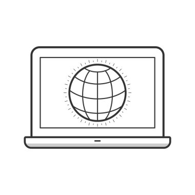 Dizüstü bilgisayardaki web küresi sembolü. Dijital öğrenme ikonu. Vektör çizimi düz tasarım biçimi.