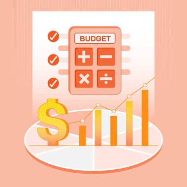 Gelir ve giderler hesaplanıyor, çizelge ve mali kontrol listesi yapılıyor. Bütçe planlama konsepti. Vektör çizimi düz tasarım biçimi.