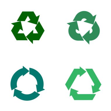 Sürdürülebilir ikon seti üçgen, yuvarlak ve altıgen geri dönüşüm, yeşil ok şekilleri. Ekoloji sembolleri ve çevresel tasarımlar. Vektör illüstrasyonu.