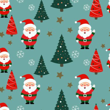 Noel Baba çizgi filmi, Noel ağacı ve Noel elementleri kusursuz desenli. Mevsimsel kutlama soyut yüzeyi. Noel karakter çizimi.