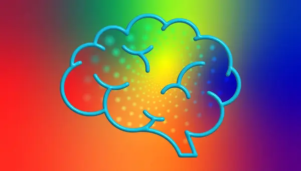 Stock image 3d inflate effect human brain frame with spiral dots vortex inside on multicolored background. Brainwork concept abstract illustration background.