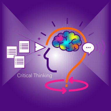 Renkli bir beyin, 360 derece ok, bilgi analizi için belgeler ve konuşma baloncuğu içeren eleştirel düşünce konsepti vektör ilülasyonu, hepsi yaratıcılığı, mantığı ve karar verme mekanizmasını temsil ediyor.