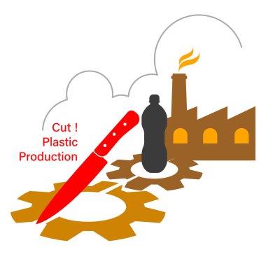 Cut Plastic Production: Bold imagery of a knife, plastic bottle, and factory gears symbolizes the urgent need to cut plastic production, highlighting its industrial roots and environmental harm. clipart