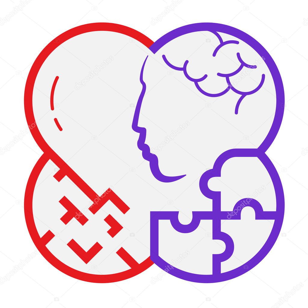 Abstract vector logo combining red heart and purple human head profile with brain, puzzle pieces, and maze. Perfect for concept of mental health, psychology, therapy, or problem-solving.