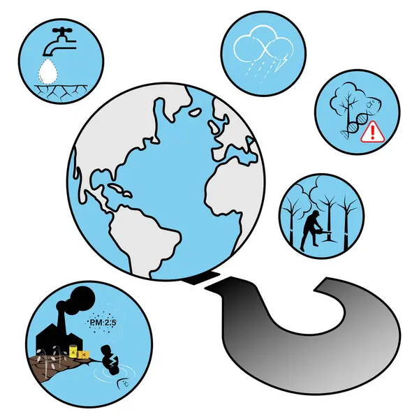 Çevresel sorunlarla çevrili Dünya 'nın vektör çizimi: iklim değişikliği, biyolojik çeşitlilik kaybı, ormanların tahrip edilmesi, kirlilik ve su kıtlığı. Farkındalık ve sürdürülebilirlik temaları için ideal.