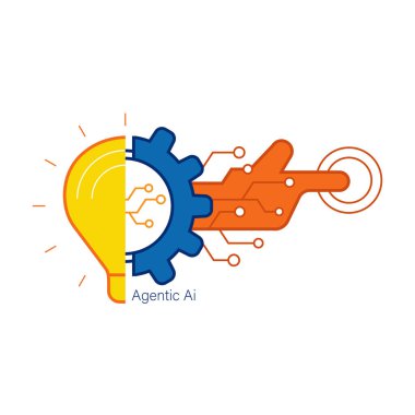 Vektör illüstrasyonu, yeniliğin akıllı eylemle buluştuğu Agentic AI 'ı sembolize eden bir ampul, dişli ve devre-elini birleştirir. Teknoloji, otomasyon ve yapay zeka çözümleri için ideal..