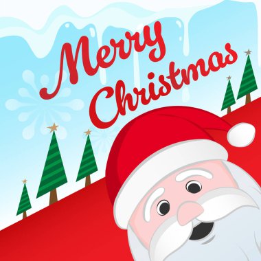 Noel Baba 'nın neşeli bir tebessümle, stilize Noel ağaçlarıyla ve karlı, buzlu bir arka planda cesur bir mutlu noel mesajıyla gizlice baktığı oyuncu bir Noel illüstrasyonu. Kutlama için harika..