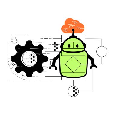 AI bulut, dişli ve veri analitik elementlerine sahip bir robotun vektör çizimi, eski mekanik çalışmadan algoritma güdümlü süreçlere ve akıllı otomasyona geçişi sembolize ediyor.