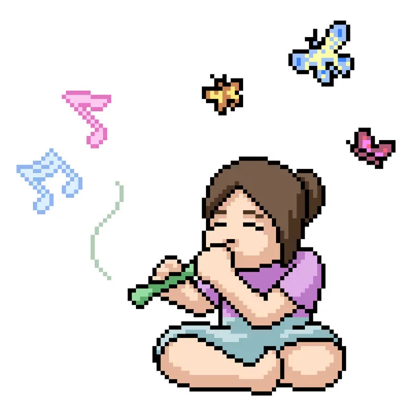 Pixel Kunst Von Mädchen Spielen Flöte — Stockvektor