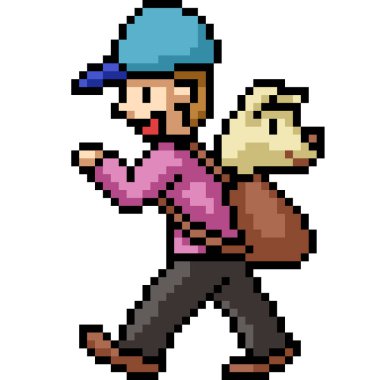 pixel art of man carry dog