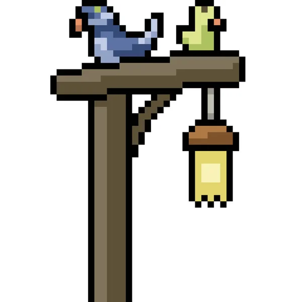 Pixel Art Couple Bird Lamppost — Stock Vector