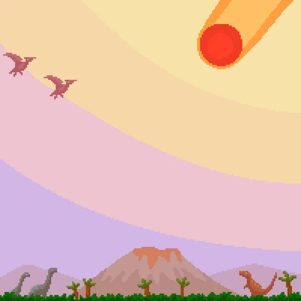 Pixel Art Dinosaur Meteor — Stock Vector
