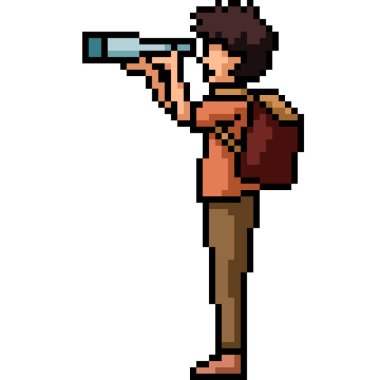 Gezgin sırt çantalı dürbünün piksel sanatı izole arkaplan