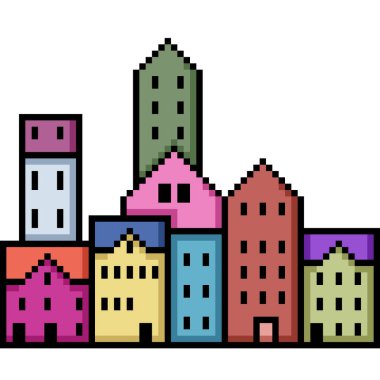 Renkli gökdelen şehrinin piksel sanatı izole edilmiş arkaplan